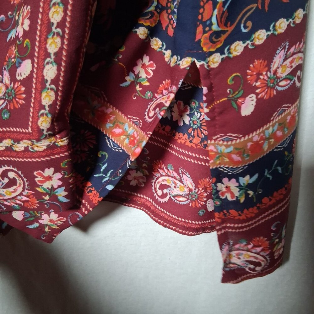 Dressbarn Blouse XL Maroon Blue Paisley Floral Tapestry Semi Sheer Long Sleeve - Picture 12 of 16